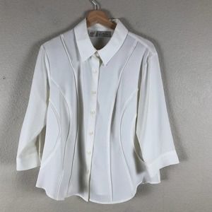 Kathy Che Shirt Womens 14 Cream Button Up Collared Pleated Seams Stretch‎